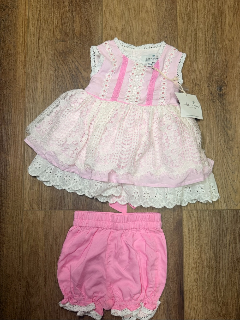 NWT Love & Grow Dainty Daisy Tunic & Bloomer Set Pink Lace Boutique 18M Coquette